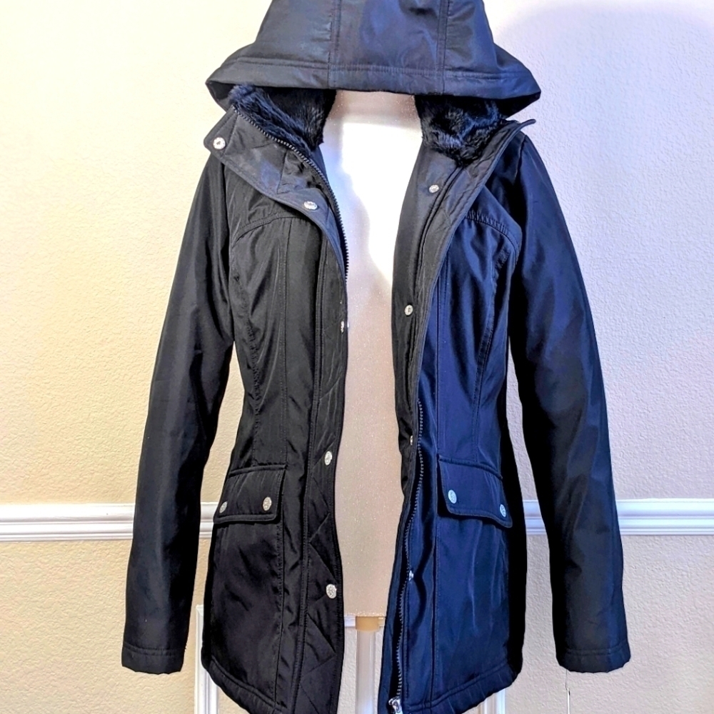 Faux Fur Black Quilted Winter Coat With Detachable Hood Nwt